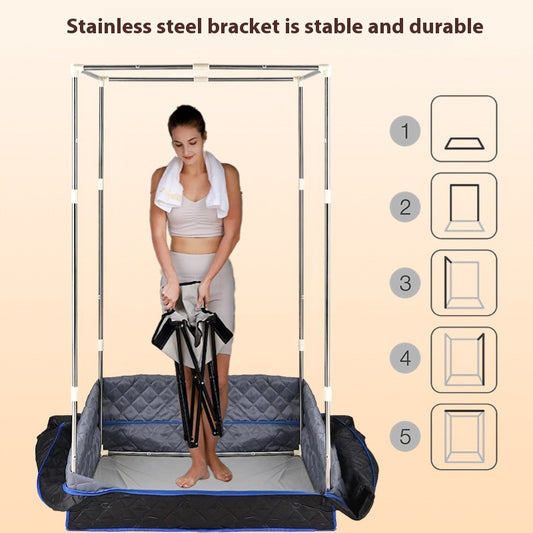 Portable brown quilted full body sauna room with steam generator, remote control, and accessories on a white background. - Image 2