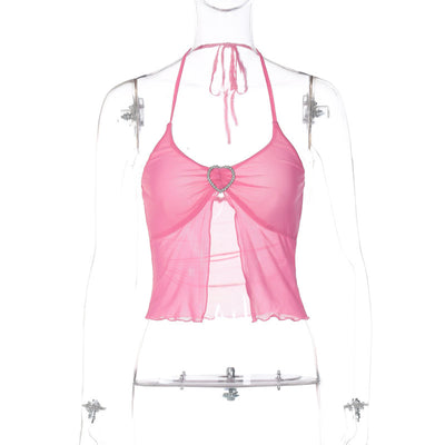 Top Halter Mesh Rosa Sexy con Detalles de Costura en el Pecho - Image 6