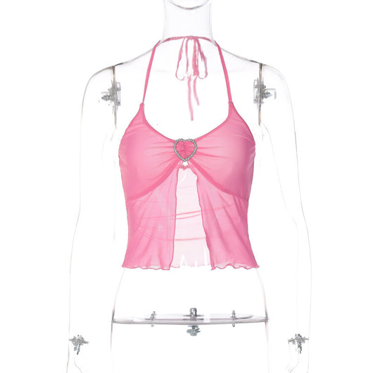 Top Halter Mesh Rosa Sexy con Detalles de Costura en el Pecho - Image 6