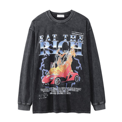Playera Manga Larga Estampado Flamas - Diseño Europeo Vintage Desgastado