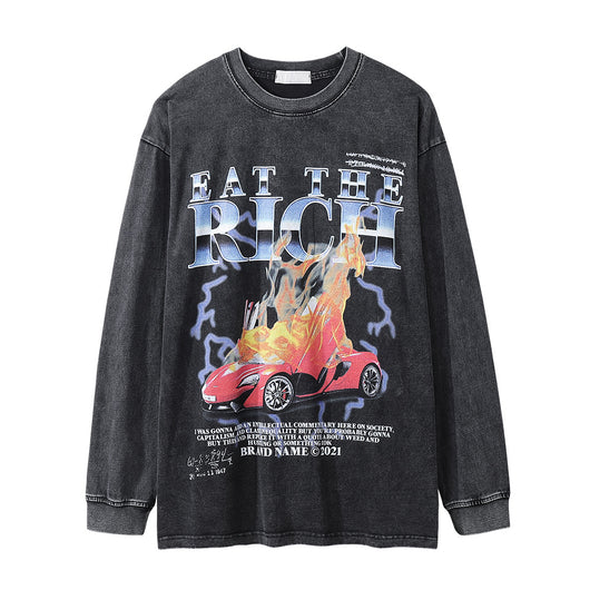 Playera Manga Larga Estampado Flamas - Diseño Europeo Vintage Desgastado