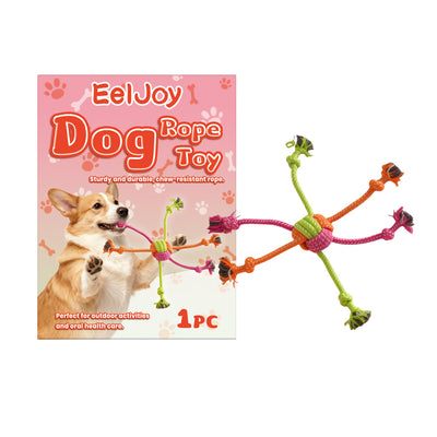Colorful multi-limbed dog rope toy with central knot and frayed ends, shown next to its packaging featuring a corgi. - Image 2