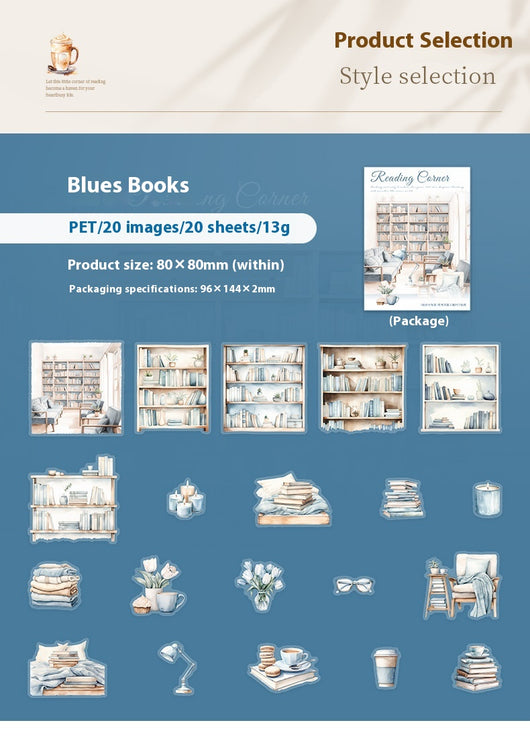 Set of 20 PET stickers featuring watercolor illustrations of cozy reading nooks, bookshelves, books, and related items. - Image 13