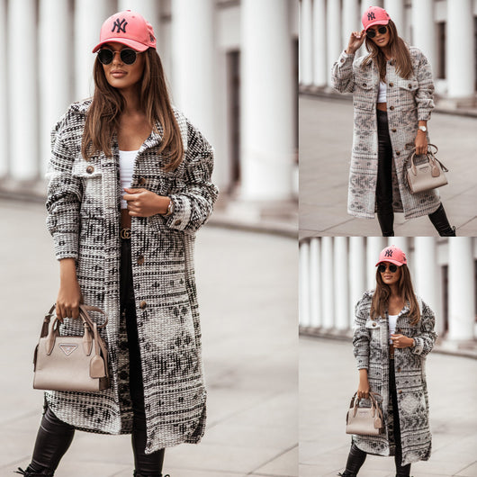 Abrigo de Lana para Mujer con Botones y Estampado - Manga Larga Cuello V Otoño Invierno - Image 14