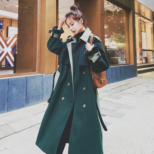 Abrigo de Lana Verde Oscuro con Costura de Diseño para Mujer - Invierno - Image 4