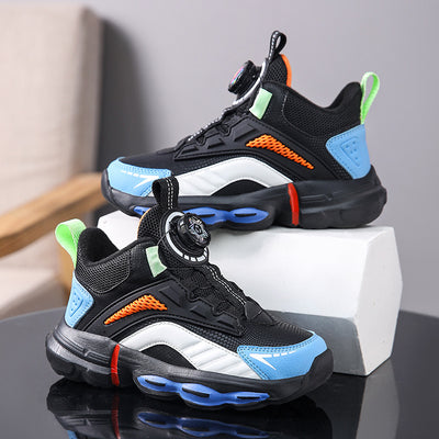 Black, white, and neon green children's basketball shoes with rotating buckle closure, featuring a mid-top design. - Image 7