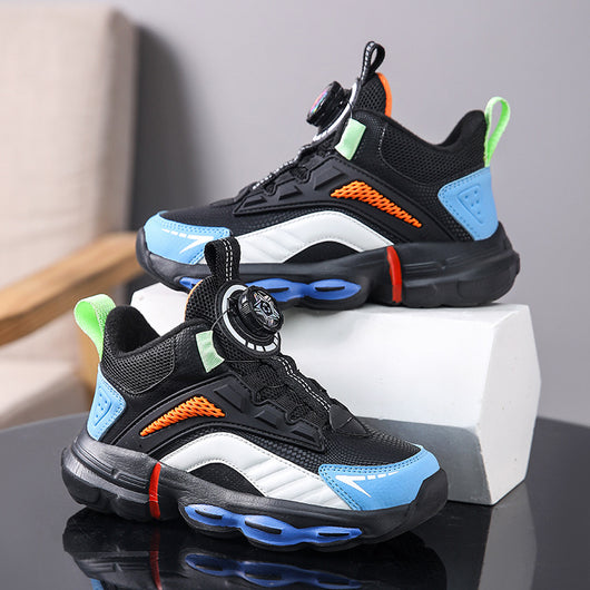 Black, white, and neon green children's basketball shoes with rotating buckle closure, featuring a mid-top design. - Image 7