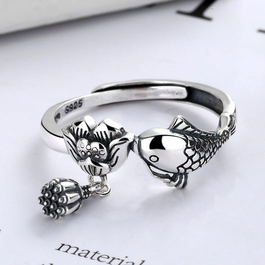 Anillo de Plata Esterlina con Loto y Borla de Carpa - Image 4