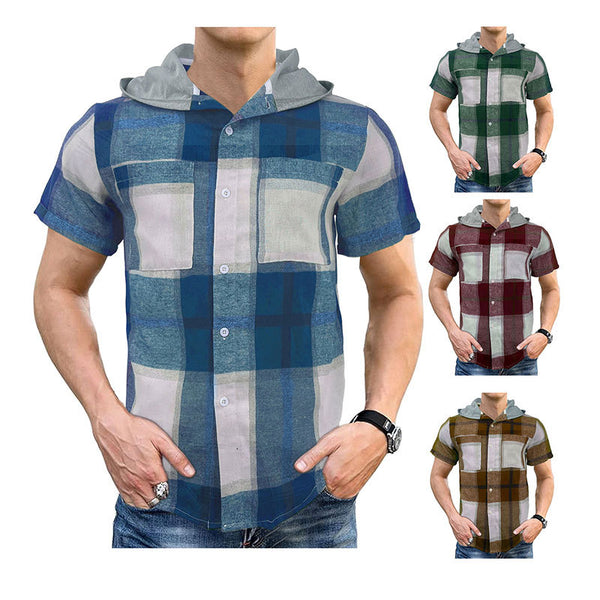 Camisa Casual Ejecutiva de Cuadros con Capucha - Manga Corta para Hombre
