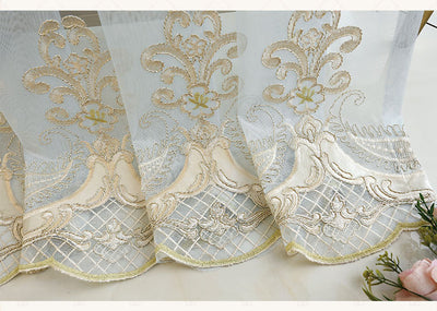 Blue sheer curtain with intricate gold and dark blue embroidery in a European classical style, draped over a window. - Image 21
