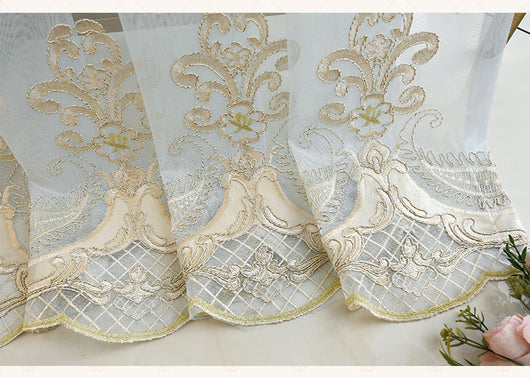 Blue sheer curtain with intricate gold and dark blue embroidery in a European classical style, draped over a window. - Image 21