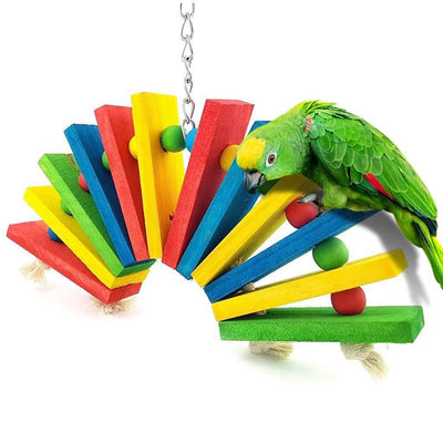 Red and green cotton rope parrot nibble toy with golden bells and a metal hook for bird cage attachment. - Image 6