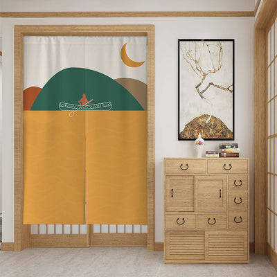 Modern fabric door curtain with abstract green mountains, a dancer silhouette, and a mustard yellow lower section. - Image 15