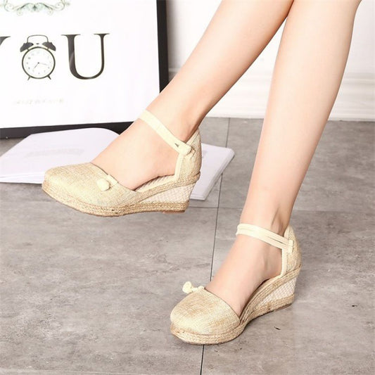 Sandalias de Cuña Étnicas Bordadas para Mujer con Punta Abierta