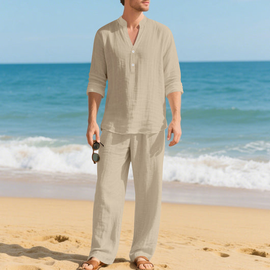 Conjunto de Pantalón y Camiseta Henley Suelta Transpirable para Hombre - Ropa de Playa Casual - Image 40