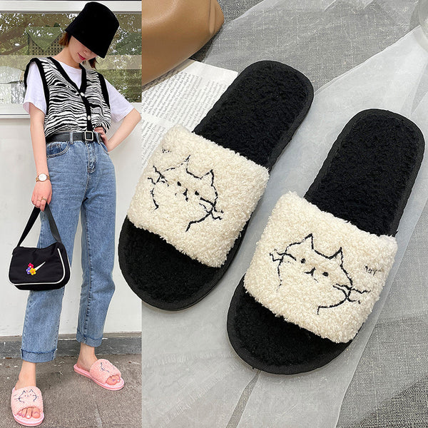 Pantuflas Planas Cálidas para Casa con Diseño de Gato