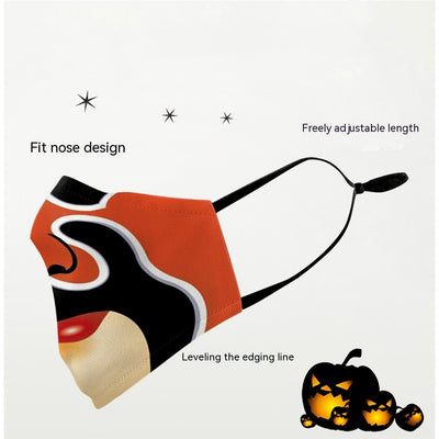 White ear hook dust mask with a black and white clown face design, featuring a wide stitched smile. - Image 23