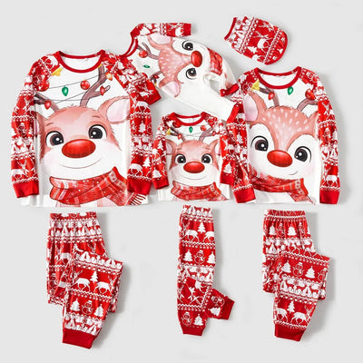 Red and white matching family Christmas pajamas with cartoon reindeer, Christmas trees, and snowman patterns. - Image 13