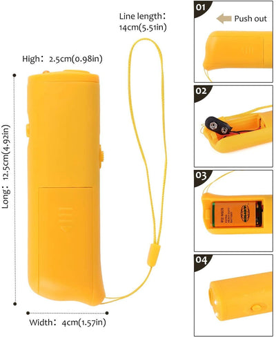 Black handheld ultrasonic dog repeller and trainer with a flashlight, featuring a slider switch and activation button. - Image 11