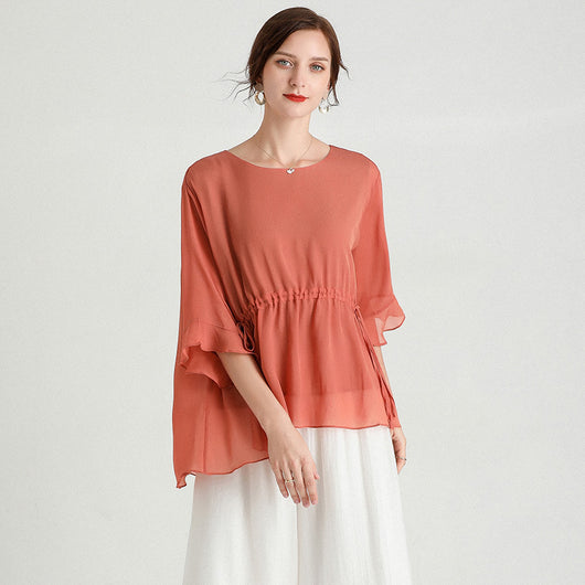 Blusa de Seda Elegante Manga Corta Talla Grande Efecto Reductor - Image 15