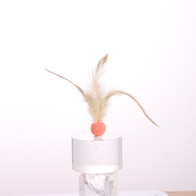 Three cat toys with pink balls and natural beige feathers, displayed on clear stands against a white background. - Image 7