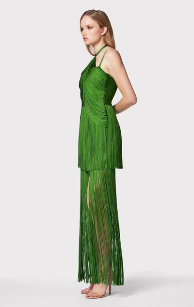Vestido de Fiesta Verde Esmeralda con Tirantes Finos y Detalles de Borlas - Image 13