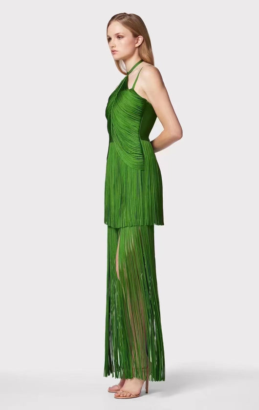 Vestido de Fiesta Verde Esmeralda con Tirantes Finos y Detalles de Borlas - Image 13