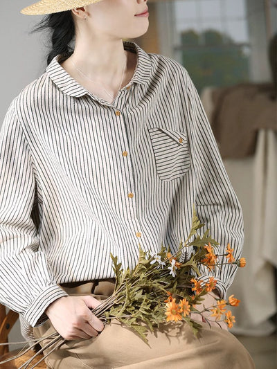 Blusa Retro de Lino y Algodón a Rayas con Diseño Artístico - Image 7