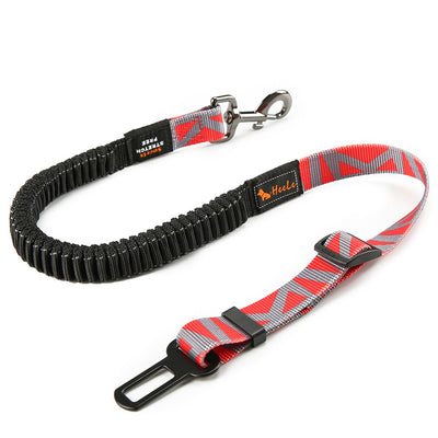 Red pet seat belt with reflective stitching, featuring a metal swivel clip and a black car seat belt buckle. - Image 9