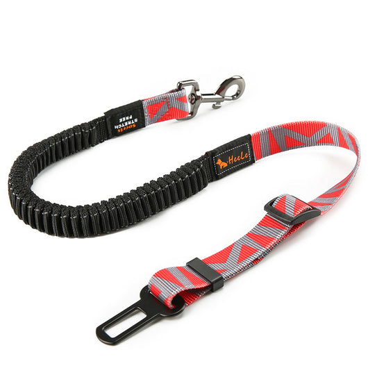 Red pet seat belt with reflective stitching, featuring a metal swivel clip and a black car seat belt buckle. - Image 9