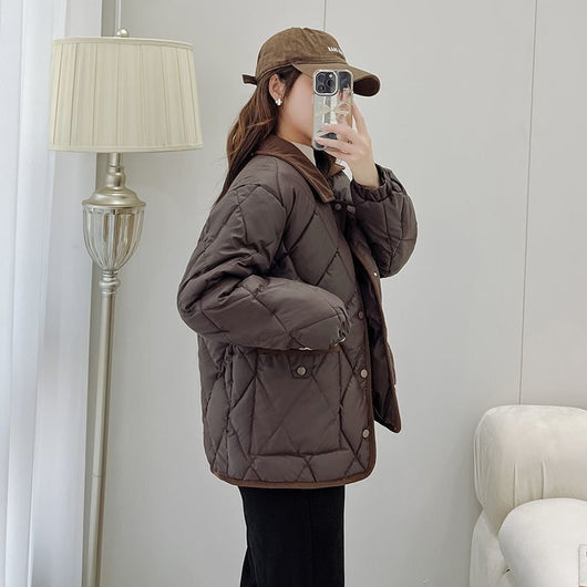 Chaqueta Acolchada de Cuero PU con Diseño Rombo - Suelta y Versátil - Image 13