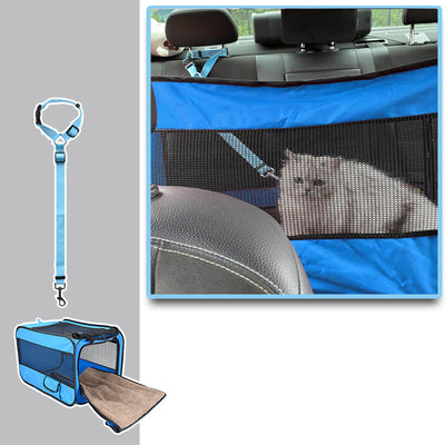 Blue soft-sided pet travel carrier bag with mesh windows, shown assembled and folded flat for storage. - Image 14
