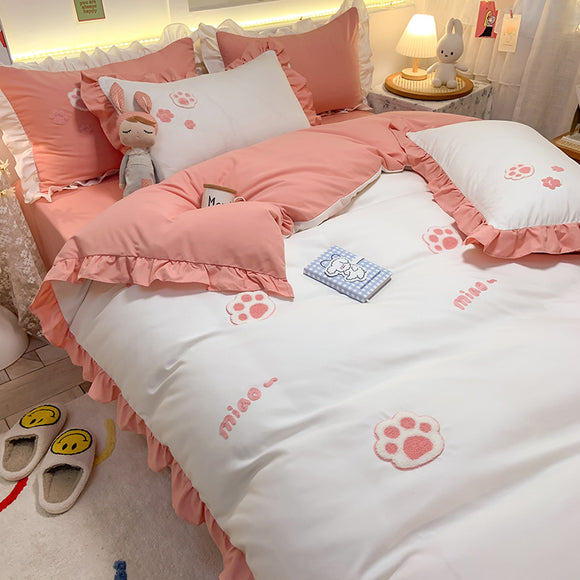 Juego de Cama Infantil 4 Piezas Estilo Princesa con Corazones