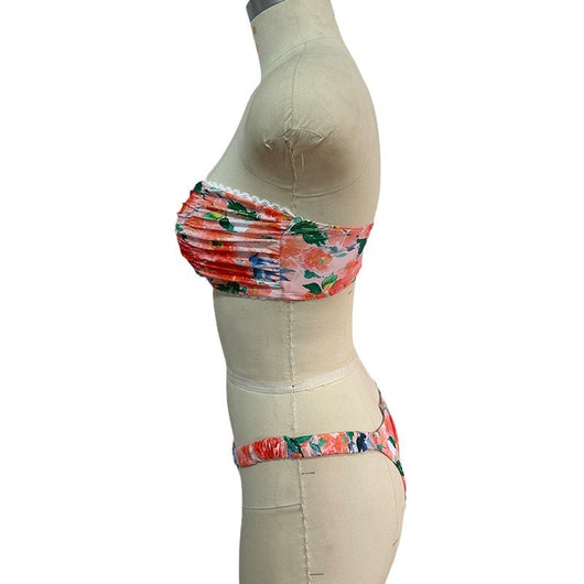 Floral print tube top bikini with blue and purple flowers, white lace trim, and a central ring detail. - Image 5