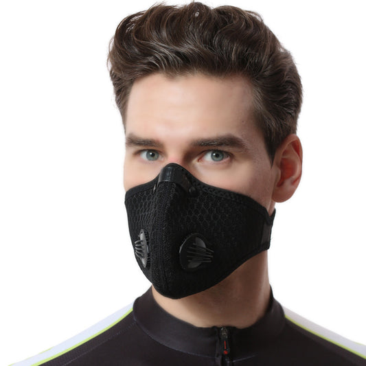 Black nylon bicycle mask with activated carbon filter, exhalation valve, and metal nose clip. - Image 2