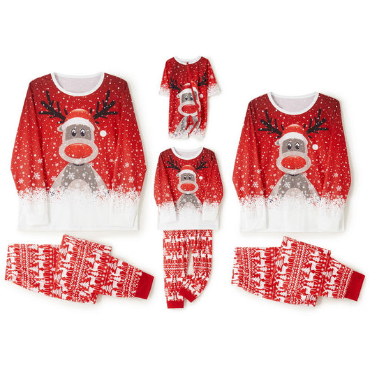 Red and white long-sleeve Christmas pajama set with a cartoon reindeer and snowflake print. - Image 10