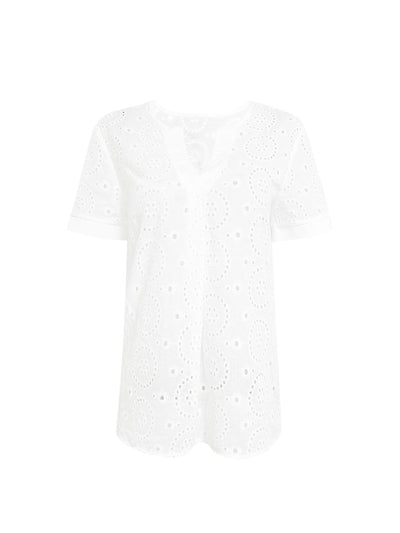 Blusa Elegante Escote V con Detalles Calados Manga Corta - Image 13