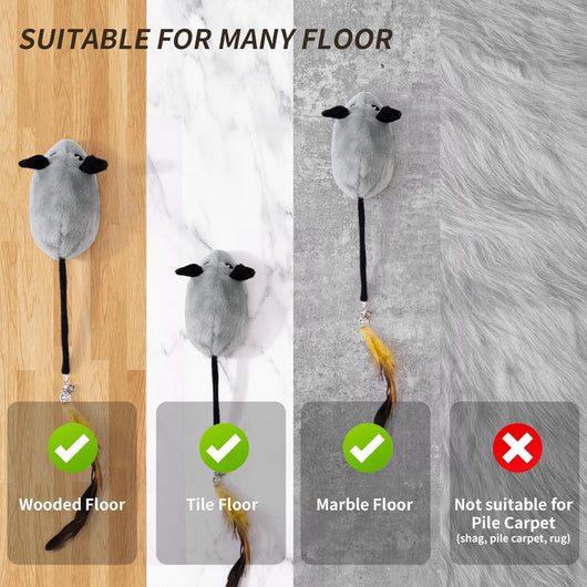 Interactive grey plush mouse cat toy with black ears and nose, feather and bell tail, and a USB charging cable. A kitten plays with a feather toy. - Image 7