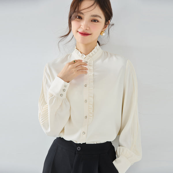 Blusa Elegante de Gasa Francesa con Cuello Volante