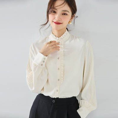 Blusa Elegante de Gasa Francesa con Cuello Volante