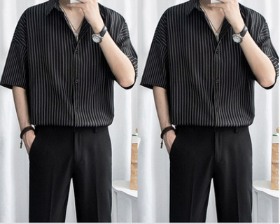 Camisa Manga Corta Hombre Rayas Negra Elegante - Image 7