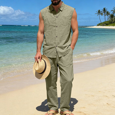Conjunto de Lino Holgado para Hombre: Camisa sin Mangas y Pantalón Recto - Image 40