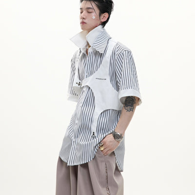 Camisa Rayada Blanco y Negro con Cuello Doble y Efecto Dos Piezas - Image 5