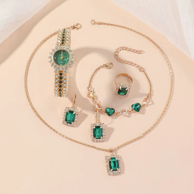 Reloj Cuarzo Verde Acero Inoxidable para Mujer - Set de 5 Piezas con Anillo y Caja de Regalo - Image 3