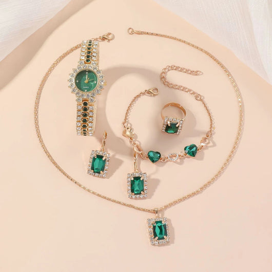 Reloj Cuarzo Verde Acero Inoxidable para Mujer - Set de 5 Piezas con Anillo y Caja de Regalo - Image 3