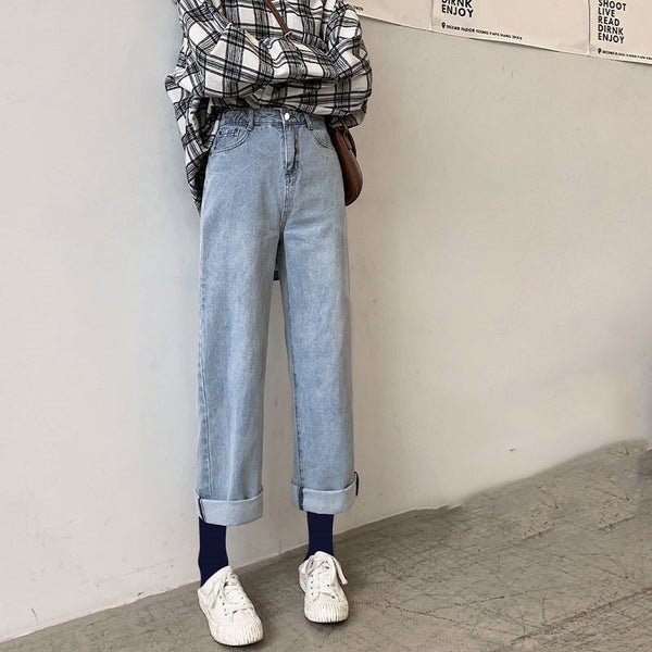 Jeans Rectos de Cintura Alta con Drapeado Suelto - Primavera Otoño