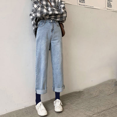 Jeans Rectos de Cintura Alta con Drapeado Suelto - Primavera Otoño