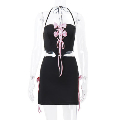 Conjunto Sexy de Falda y Top Halter con Detalle de Moño y Tiras Cruzadas - Image 5