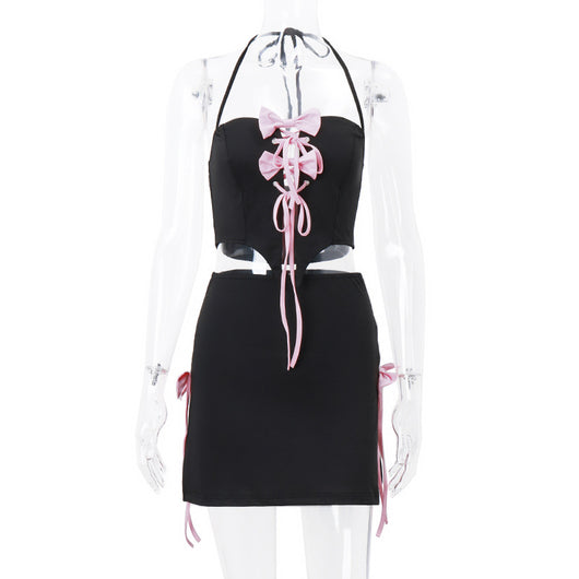 Conjunto Sexy de Falda y Top Halter con Detalle de Moño y Tiras Cruzadas - Image 5