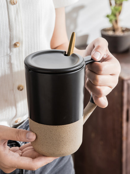 Taza Cerámica Retro Japonesa Grande con Tapa y Cuchara